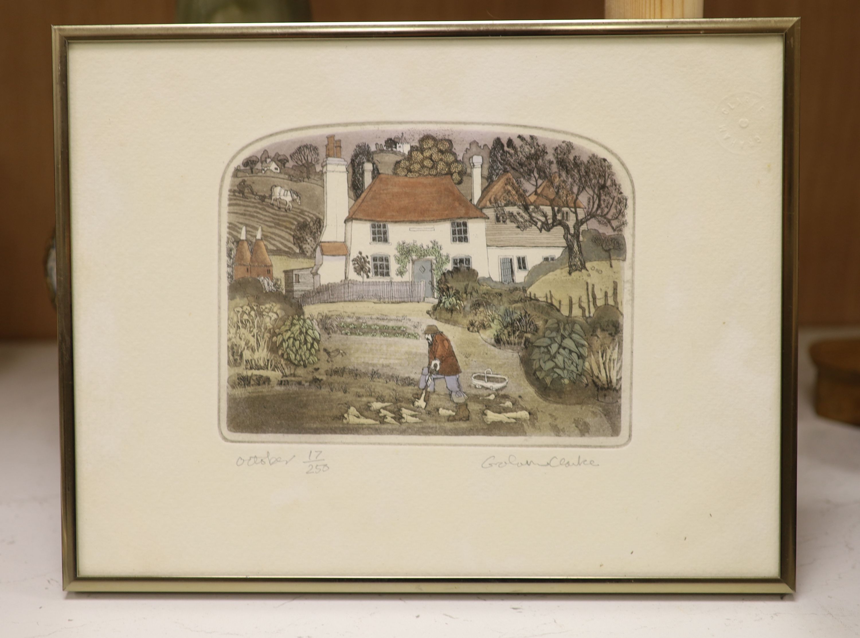 Graham Clarke, coloured etching and aquatint, 'October', signed in pencil, 17/250, 13 x 17cm